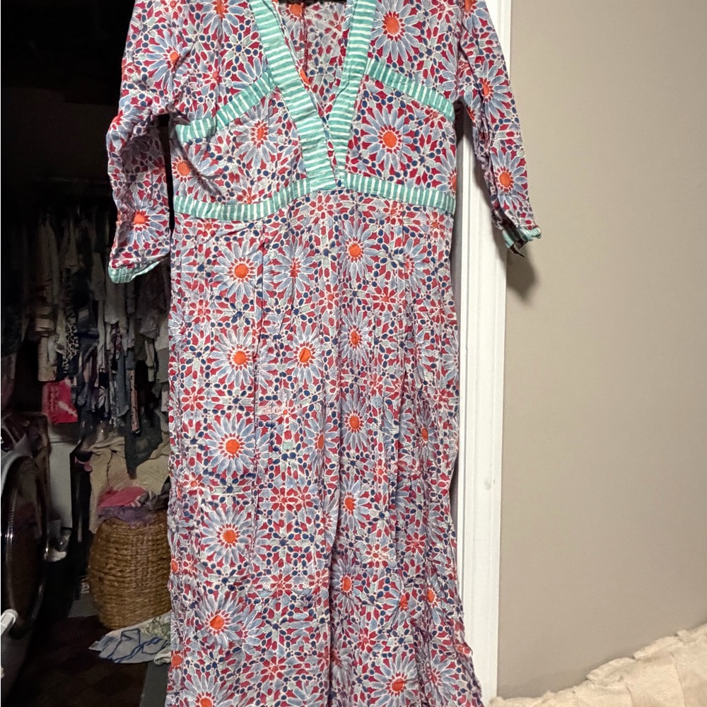 Floral V-Neck Maxi Dress in Coral, Navy & Mint Trim